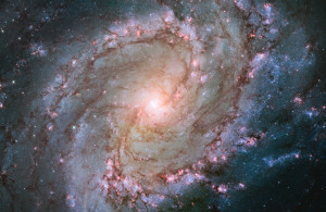 Scatterings of bright stars and thick dust that make up spiral galaxy.